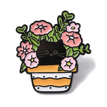 Cat Hiding in Bonsai Enamel Pins, Alloy Lapel Pin Backs for Backpack Clothes, Black, Pink, 32x29mm