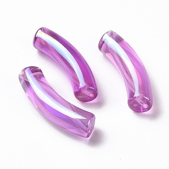 UV Plating Transparent Rainbow Iridescent Acrylic Beads, Curved Tube, Medium Orchid, 32~33x10x8mm, Hole: 1.6mm