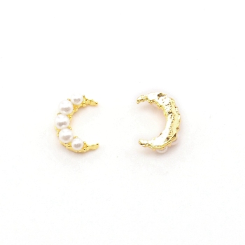 Alloy Moon Cabochons, with Plastic Imitation Pearl Beads, for Nail Art Studs and Nail Art Decoartion Accessories, Golden, 10x7x3.6mm