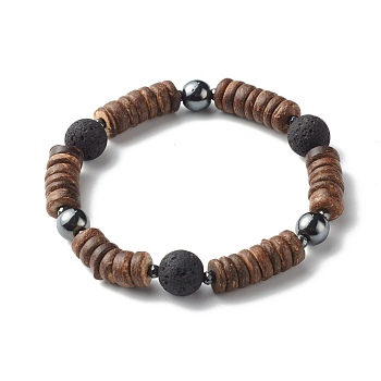 Natural Coconut Rondelle Beads Stretch Bracelet for Men Women, Oil Diffuser Lava Rock Beads & Non-Magnetic Synthetic Hematite Bracelet, Coconut Brown, Inner Diameter: 2-1/4 inch(5.7cm)