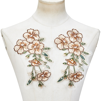 2Pcs Flower Clothing Patches, with Plastic Pearl & Paillette, Floral White, 215x140x0.2~4mm