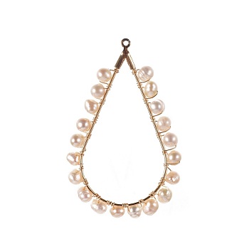 Natural Cultured Freshwater Pearl Pendants, with Brass Findings, Teardrop, Golden, 46x28.5x4mm, Hole: 1mm