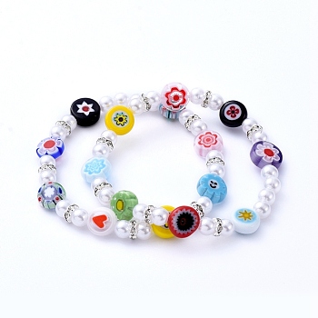 Stretch Bracelets, with Glass Seed Beads, Acrylic Imitation Pearl Beads and Brass Rhinestone Spacer Beads, Colorful, Inner Diameter: 2-1/8 inch(5.3cm)