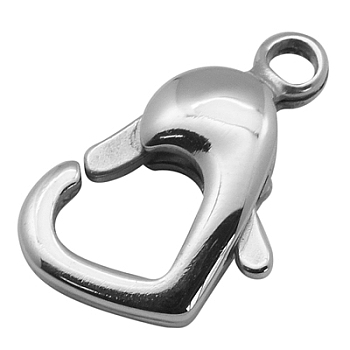 304 Stainless Steel Lobster Claw Clasps, Heart, Stainless Steel Color, 15x8.5x4mm, Hole: 1.5mm