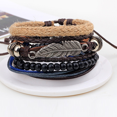 Adjustable Leaf Alloy Braided Leather Cord Wooden Beaded Multi-strand Bracelets(BJEW-P0001-20)-2