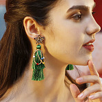 304 Stainless Steel Star Tassel Stud Earrings, with Seed Beads, Triangle Beads, Crystal Beads and PU Leather, Platinum, Green, 98mm(EJEW-D344-01)