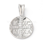 Rack Plating Brass Micro Pave Cubic Zirconia Pendants, Long-Lasting Plated, Lead Free & Cadmium Free, Round with Cross, Platinum, 22.5x14.5x5mm, Hole: 5x3mm(KK-R143-04P)