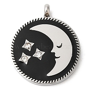 304 Stainless Steel Pendants, with Rhinestone, Flat Round with Moon & Star, Stainless Steel Color, 20.5x17x2mm, Hole: 1.5mm(STAS-Q244-13P)