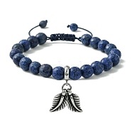 Adjustable Natural Lapis Lazuli Braided Bead Bracelets, 304 Stainless Steel Charms Bracelets for Women, Leaf, Inner Diameter: 2~2.95 inch(5~7.5cm).(BJEW-JB09888-02)