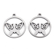 304 Stainless Steel Pendants, Ring with Butterfly, Stainless Steel Color, 19x17x1mm, Hole: 1.6mm(STAS-N095-061)