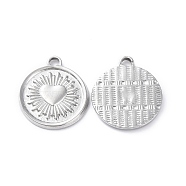 304 Stainless Steel Pendants, Flat Round with Heart Charm, Stainless Steel Color, 21.5x19x2mm, Hole: 1mm(STAS-P324-28P)