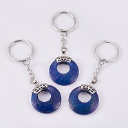 Natural Lapis Lazuli Keychain, with Platinum Plated Iron Key Rings and Brass Findings, Dyed, Flat Round, 84mm(KEYC-P041-D12)