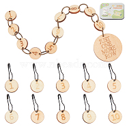 Number 1~10 Wooden Beaded Knitting Row Counter Chains & Charms Locking Stitch Makers, with Self Adhesive Paper Labels, Mixed Color, 12~14x1~2.5mm(DIY-NB0010-23)