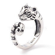 Tiger 925 Sterling Silver Cuff Ring for Men Women, Adjustable Open Ring Zodiac Tiger Chinese New Year Gift, Antique Silver, US Size 7 1/4(17.5mm)(STER-G032-09AS)