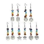 Natural & Synthetic Mixed Stone Chips Dangle Earrings, Tibetan Style Alloy Tree of Life Drop Earrings with 316 Surgical Stainless Steel Pins, Mixed Shapes, 68~69x14~21mm(EJEW-JE05390)