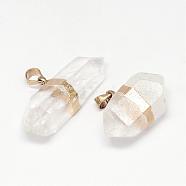Natural Quartz Crystal Double Terminated Pointed Pendants, Rock Crystal, Bullet, with Brass Findings, Golden, 18~34x8~14x10~11mm, Hole: 5x8mm(G-G895-03)