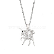 Brass Micro Pave Clear Cubic Zirconia Pendant Necklaces, 201 Stainless Steel Chains NecklacesNecklaces, Unicorn, 23.62 inch(60cm), Unicom: 21.5x22.5mm(NJEW-M211-01B-P)