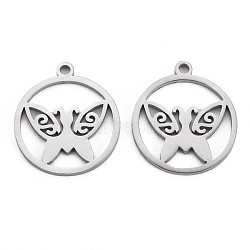 304 Stainless Steel Pendants, Ring with Butterfly, Stainless Steel Color, 19x17x1mm, Hole: 1.6mm(STAS-N095-061)