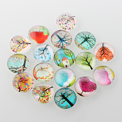 Tree of Life Printed Half Round/Dome Glass Cabochons, Mixed Color, 14x5mm(X-GGLA-A002-14mm-GG)