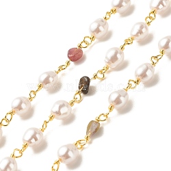Natural Tourmaline Chips & ABS Pearl Beaded Chains, with Gold Plated Brass Findings, Long-Lasting Plated, Soldered, with Spool, 15~16x6.5x5mm, 15x4.5~5.5x3.5~4mm(CHC-E024-06G-01)