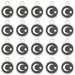 100Pcs Tibetan Style Alloy Charms, Flat Round with Moon & Star, Antique Silver, 13.5x10.5x1.5mm, Hole: 1.6mm(TIBEP-SC0002-74)