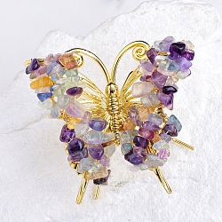Raw Natural Fluorite Chip Mineral Specimen Display Decorations, with Butterfly Metal Holder, for Home Desktop Feng Shui Ornament, 65x75mm(PW-WG29201-25)
