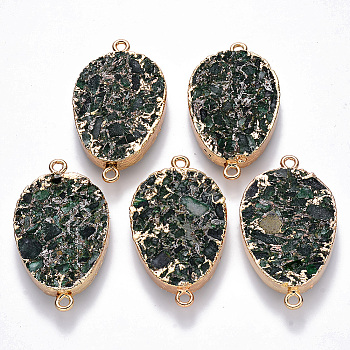 Synthetic Green Fluorite Links connectors, with Golden Plated Brass Settings and Iron Loops, Teardrop, Dark Green, 45x25~26x5.5mm, Hole: 2mm