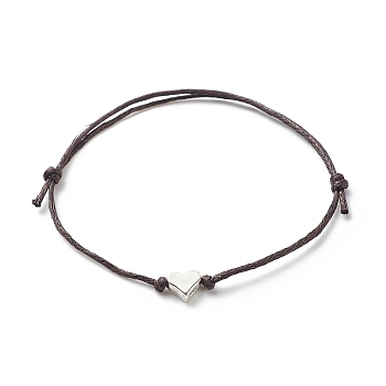 Alloy Heart Beaded Cord Bracelet, Waxed Cotton Braided Adjustable Ring for Women, Coconut Brown, Inner Diameter: 1-5/8~3 inch(4~7.6cm)