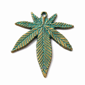 Tibetan Style Alloy Pendants, Pot Leaf/Hemp Leaf Shape, Antique Bronze & Green Patina, 39x33x2mm, Hole: 2mm