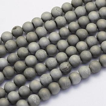 Electroplate Natural Druzy Agate Beads Strands, Round, Frosted, Platinum Plated, 8mm, Hole: 1mm, about 45~48pcs/strand, 14.9 inch(38cm)