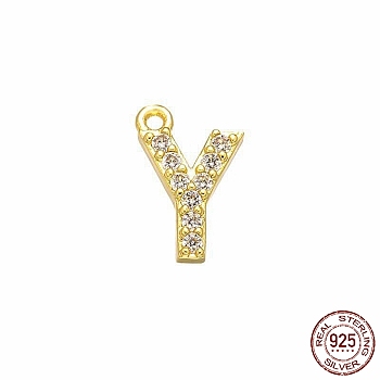 Real 18K Gold Plated 925 Sterling Silver Micro Pave Clear Cubic Zirconia Charms, Initial Letter, Letter Y, 9.5x6x1.5mm, Hole: 0.9mm