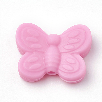 Food Grade Eco-Friendly Silicone Focal Beads, Chewing Beads For Teethers, DIY Nursing Necklaces Making, Butterfly, Pearl Pink, 20x25x6mm, Hole: 2mm