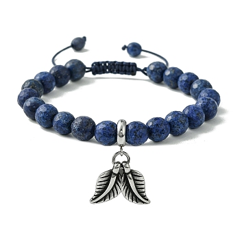 Adjustable Natural Lapis Lazuli Braided Bead Bracelets, 304 Stainless Steel Charms Bracelets for Women, Leaf, Inner Diameter: 2~2.95 inch(5~7.5cm).