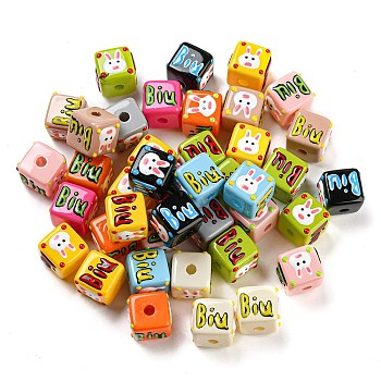 Opaque Acrylic European Beads, with Enamel, Large Hole Beads, Cube with Rabbit, Mixed Color, 14.2x18.6x18.6mm, Hole: 4mm