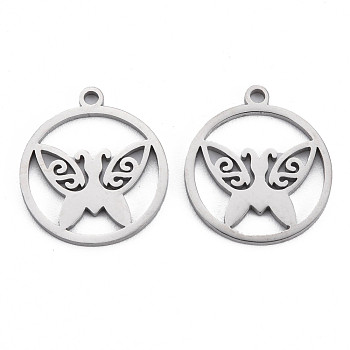 304 Stainless Steel Pendants, Ring with Butterfly, Stainless Steel Color, 19x17x1mm, Hole: 1.6mm