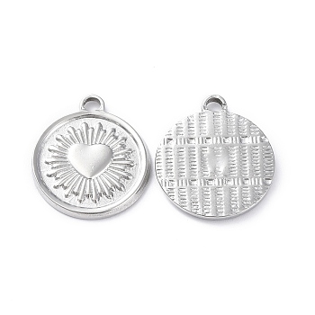 304 Stainless Steel Pendants, Flat Round with Heart Charm, Stainless Steel Color, 21.5x19x2mm, Hole: 1mm