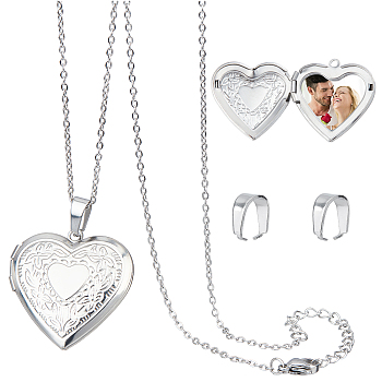 Heart Pendant Necklace DIY Making Kit, Including 316 Stainless Steel Photo Locket Pendants, 304 Stainless Steel Cable Chain Necklace & Snap on Bails, Stainless Steel Color, Pendant: 28x29x7mm, Hole: 2mm, 1pc/set