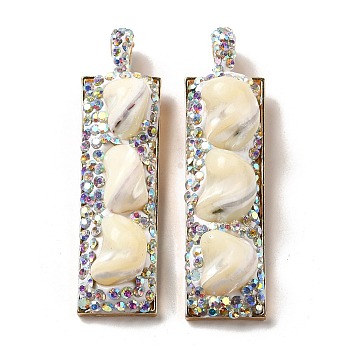 Natural Trochus Shell Alloy Big Pendants, Rectangle Charms with Polymer Clay Rhinestone, Light Gold, 53x14x14mm, Hole: 6x4mm
