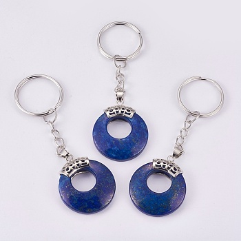 Natural Lapis Lazuli Keychain, with Platinum Plated Iron Key Rings and Brass Findings, Dyed, Flat Round, 84mm