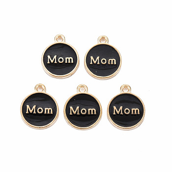 Alloy Enamel Charms, Cadmium Free & Lead Free, Light Gold, Flat Round with Mom, Black, 14.5x12x2mm, Hole: 1.4mm