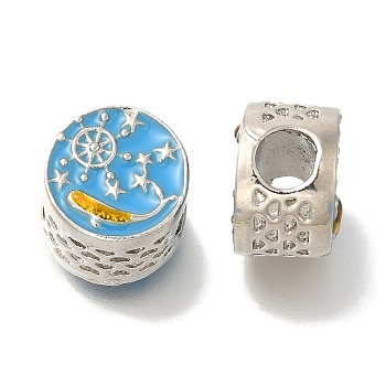 Rack Plating Alloy Enamel European Beads, Lead Free & Cadmium Free, Large Hole Beads, Flat Round with Whale & Helm, Platinum, 12x8mm, Hole: 4.5mm