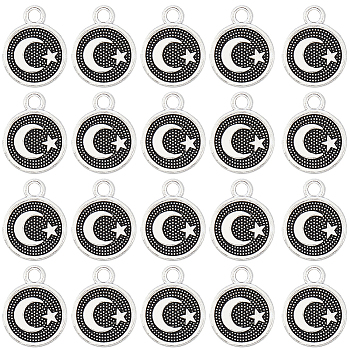 100Pcs Tibetan Style Alloy Charms, Flat Round with Moon & Star, Antique Silver, 13.5x10.5x1.5mm, Hole: 1.6mm