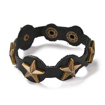 PU Leather Cord Bracelets, with Alloy Findings, Star, Antique Bronze, Black, 8-1/2 inch(21.7cm)