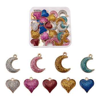 Craftdady Alloy Enamel Pendants, with Glitter Powder, Heart, Golden, Mixed Color, 17.5x16mm, Hole: 2mm, 36pcs/box