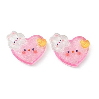Translucent Resin Cabochons, Glitter Heart with Rabbit, Pearl Pink, 26x27.5x5.5mm