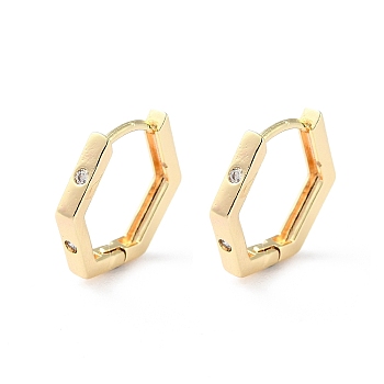 Brass Micro Pave Cubic Zirconia Hoop Earrings, Hexagon, Real 18K Gold Plated, 13.5x2mm