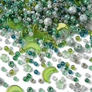 DIY Beads Jewelry Making Finding Kit, Including Glass & Seed Beads, Round & Star & Moon, Green, 4~16.5x4~11.5x2.5~8.5mm, Hole: 1~1.8mm