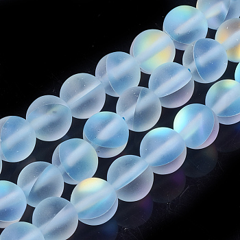 Synthetic Moonstone Beads Strands, Holographic Beads, Dyed, Frosted, Round, Light Sky Blue, 10mm, Hole: 1.2mm 40pcs/strand, 15.7 inch