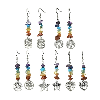 Natural & Synthetic Mixed Stone Chips Dangle Earrings, Tibetan Style Alloy Tree of Life Drop Earrings with 316 Surgical Stainless Steel Pins, Mixed Shapes, 68~69x14~21mm