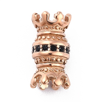 Ion Plating(IP) 304 Stainless Steel Bead Caps, with Jet Rhinestone, Double Crown, Rose Gold, 16x9mm, Hole: 3mm